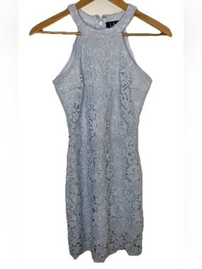 Lulus Love Poem Lace Mini Dress Size XS Baby Blue Halter Wedding Guest Party